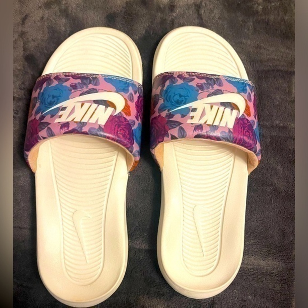Nike Women's Floral Slide Sandals - Cream and Purple